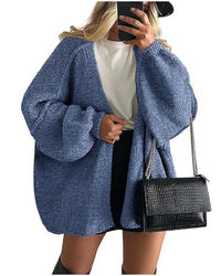Solid V-Neck Loose Long Knit Cardigan Coat