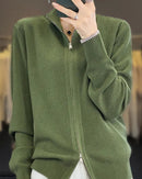 Wool Stand Collar Double Zipper Knit Cardigan Sweater