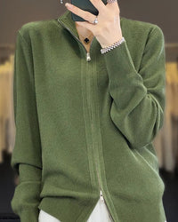 Wool Stand Collar Double Zipper Knit Cardigan Sweater