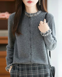 Merino Wool Solid Fringe Collar Button Knit Cardigan