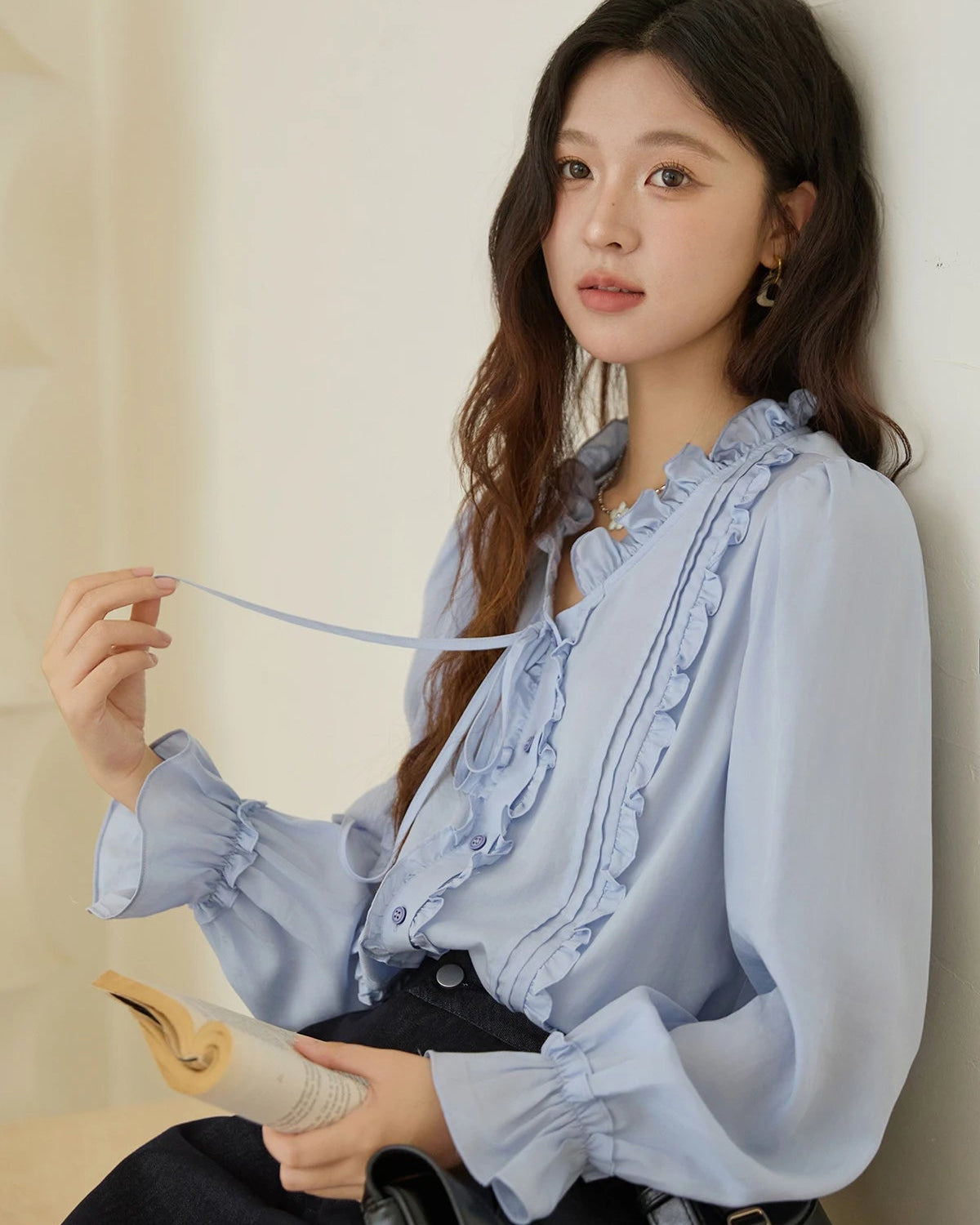 Ruffled Tie-Front Loose-Fit Shirt