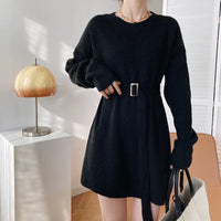 Vintage Round-neck Belted Knitted Dress