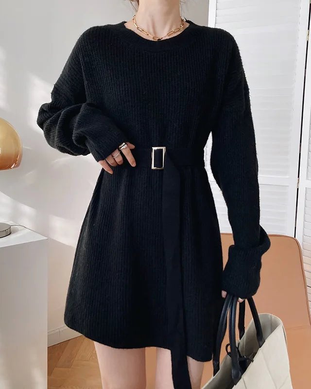 Vintage Round-neck Belted Knitted Dress