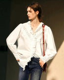 Ruffled Embroidered Hollow-Out Long-Sleeved Shirt