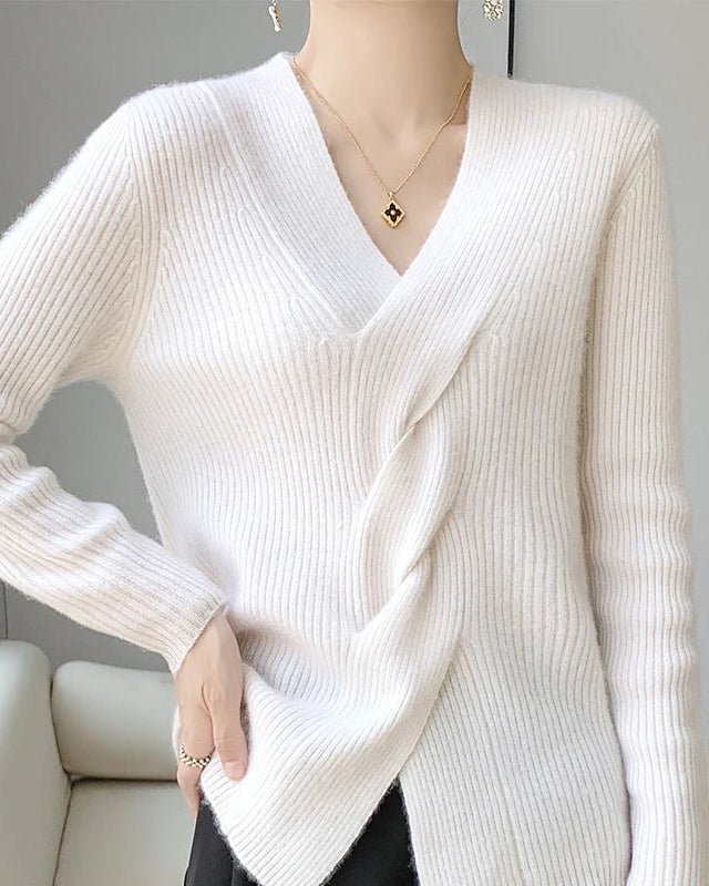 Wool V-Neck Crossover Pullover Sweater