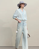Ruffled V-Neck Long-Sleeved Loose-Fitting Shirt