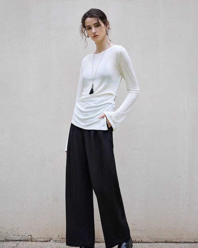 Crew Neck Long-Sleeved Irregular Slit T-Shirt