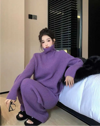 Turtleneck Knit Sweater & Wide-Leg Pants Two-Piece Set
