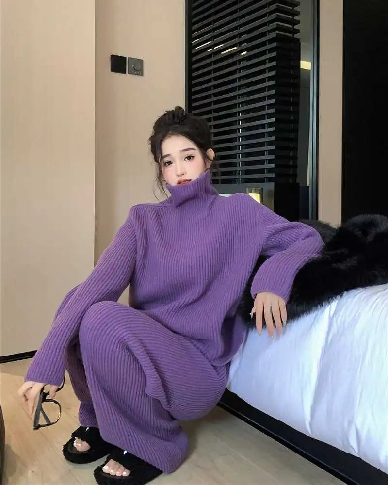 Turtleneck Knit Sweater & Wide-Leg Pants Two-Piece Set