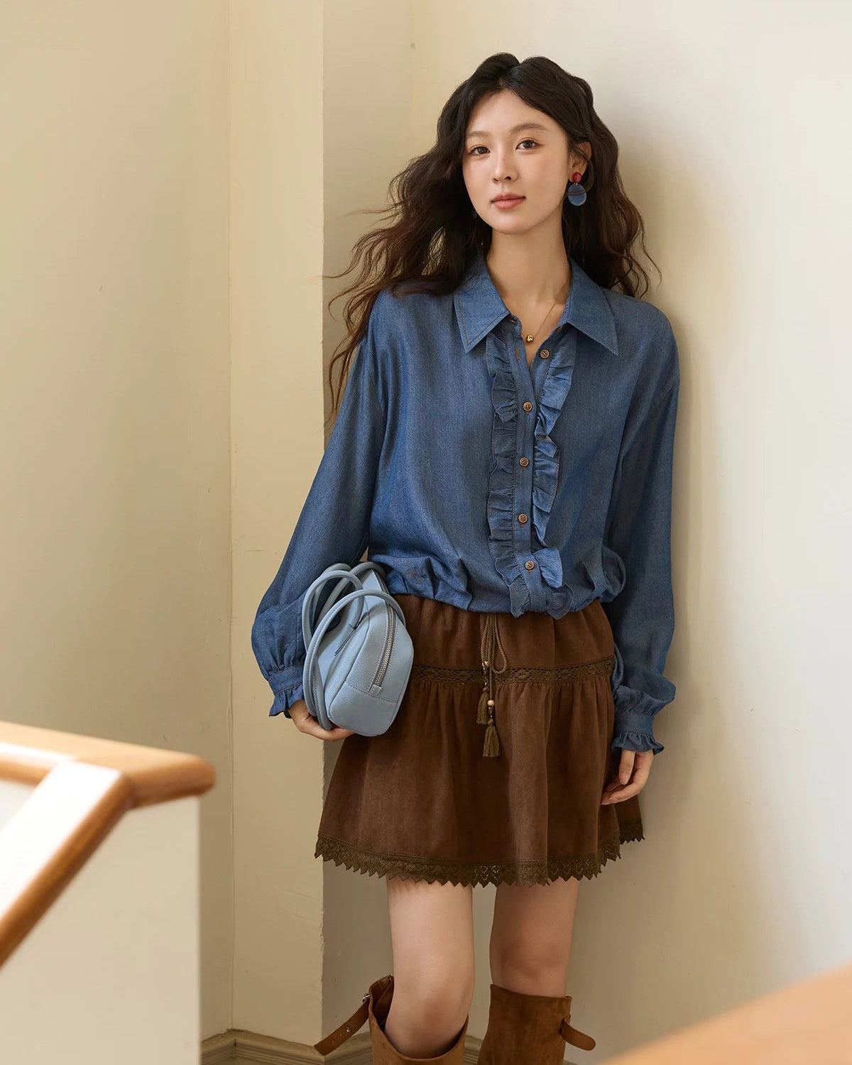 Ruffled Placket Denim Shirt