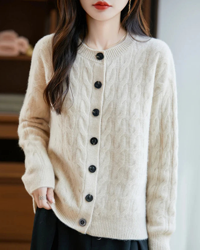 Wool O-Neck Twisted Single-Breasted Cardigan Sweater