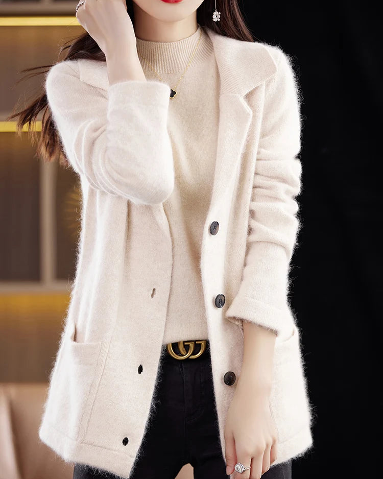 Mink Cashmere Tailored-Collar Knit Cardigan