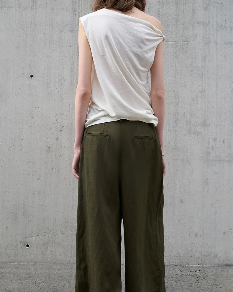 Casual Linen Cotton Irregular Shoulder T-Shirt