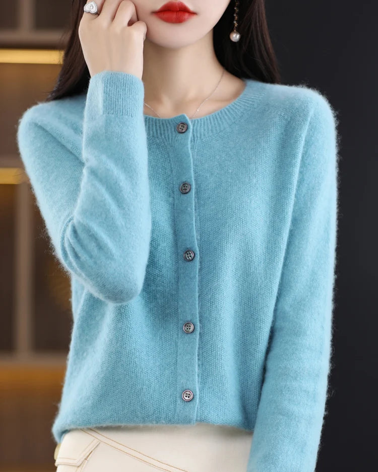 Wool O-Neck Seamless Single-Breasted Open Cardigan Sweater