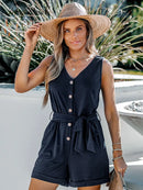 Belted V-Neck Button Front Romper