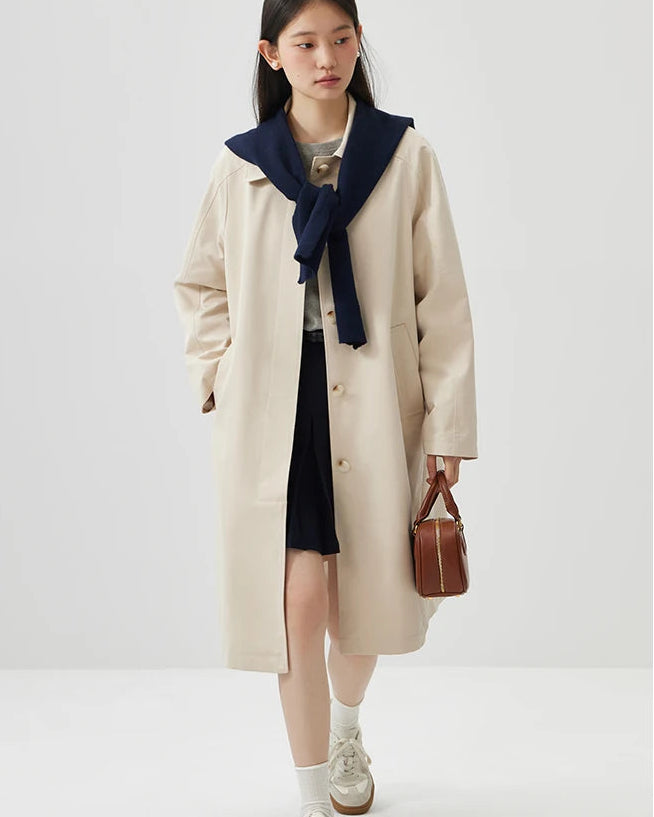 Solid Lapel A-Line Mid-Length Trench Coat