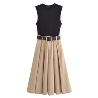 Summer Sleeveless Belted Pleated Midi Dress