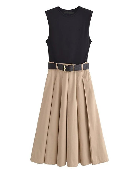 Summer Sleeveless Belted Pleated Midi Dress