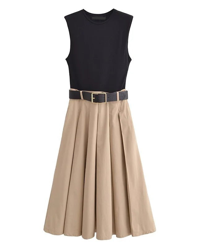 Summer Sleeveless Belted Pleated Midi Dress
