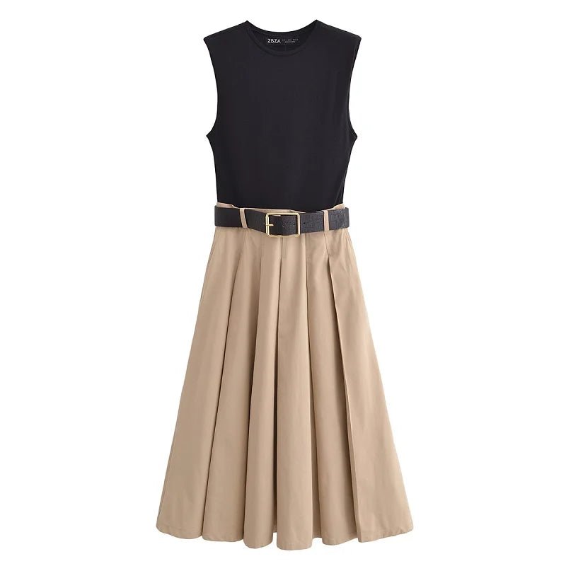 Summer Sleeveless Belted Pleated Midi Dress