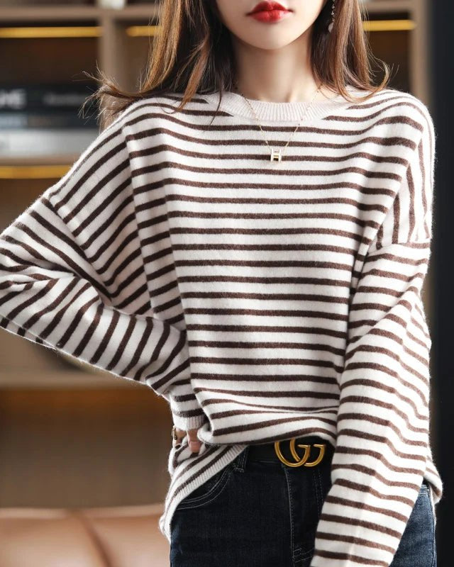 Oversized Round-Neck Striped Wool Sweater Pullover