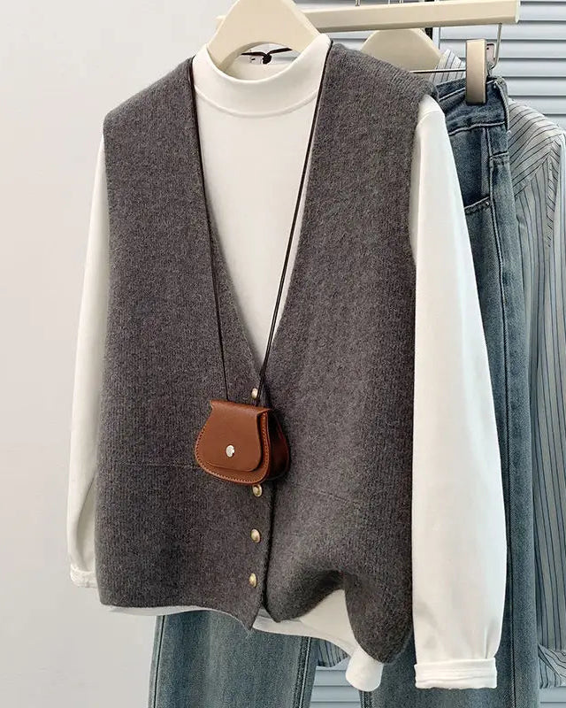 This open-front knit vest brings a relaxed, contemporary aesthetic to everyday layering — its full-opening button construction allows it to be styled as a lightweight outer layer or worn as a structured mid-piece beneath a coat. 