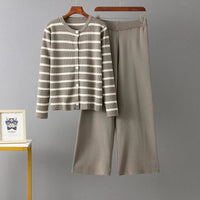 O Neck Buttons Stripe Knit Loose Sweater Sets