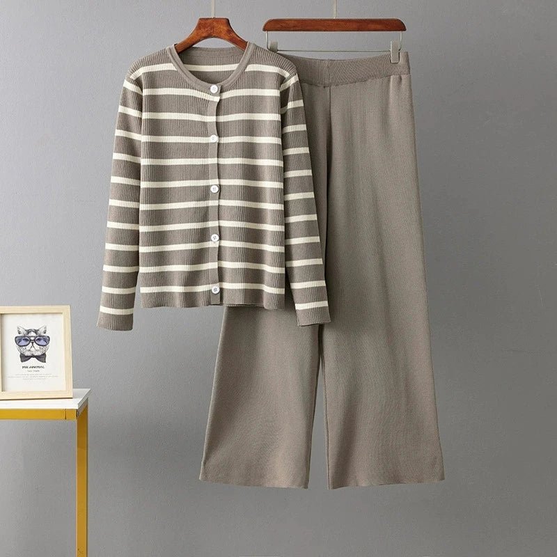 O Neck Buttons Stripe Knit Loose Sweater Sets