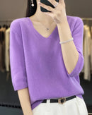Merino Wool V-Neck Short-Sleeve Sweater