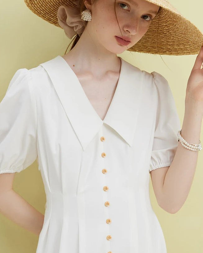 Solid Pleated Polo Neck Puff Sleeve Dress