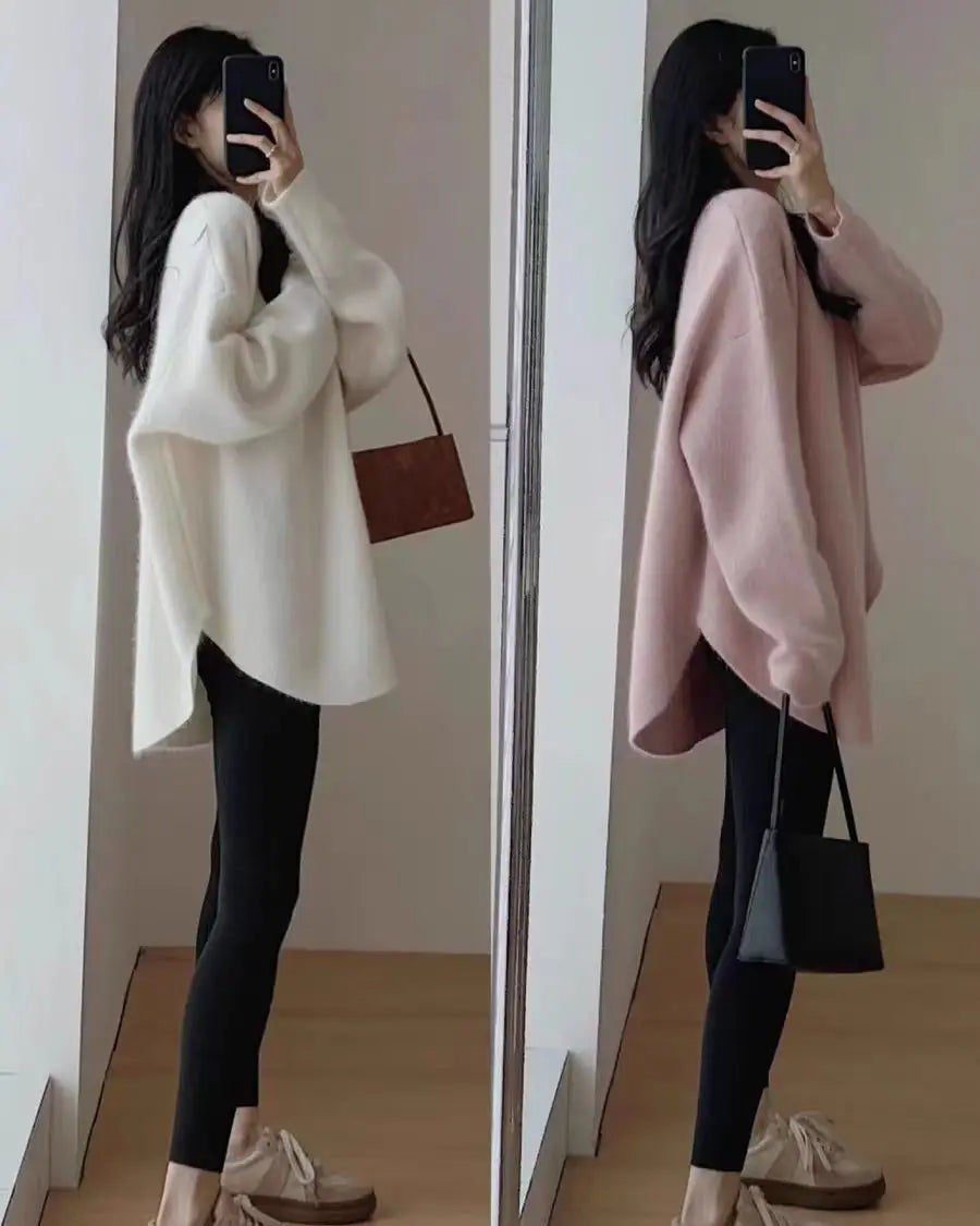 Cashmere Round-Neck Long Split-Hem Pullover