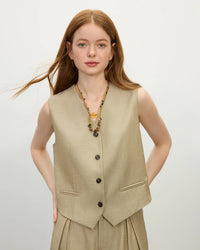 Women's Tailored linen blend V-neck vest featuring a straight silhouette and slight stretch, crafted for breathable comfort and vintage elegance from boardroom meetings to weekend brunch in warm climates.
