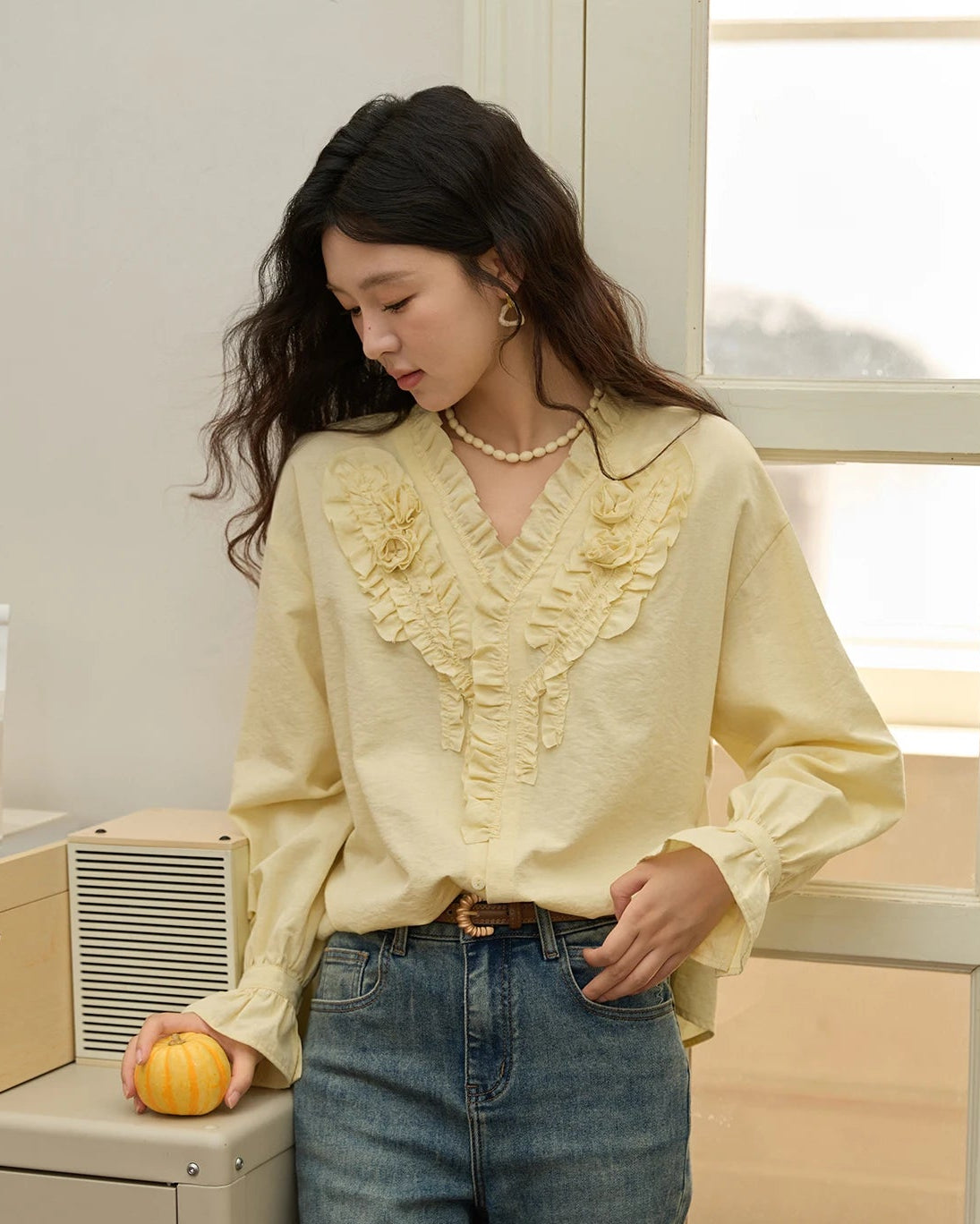 Hand-Sewn Rose Lantern-Sleeve Shirt