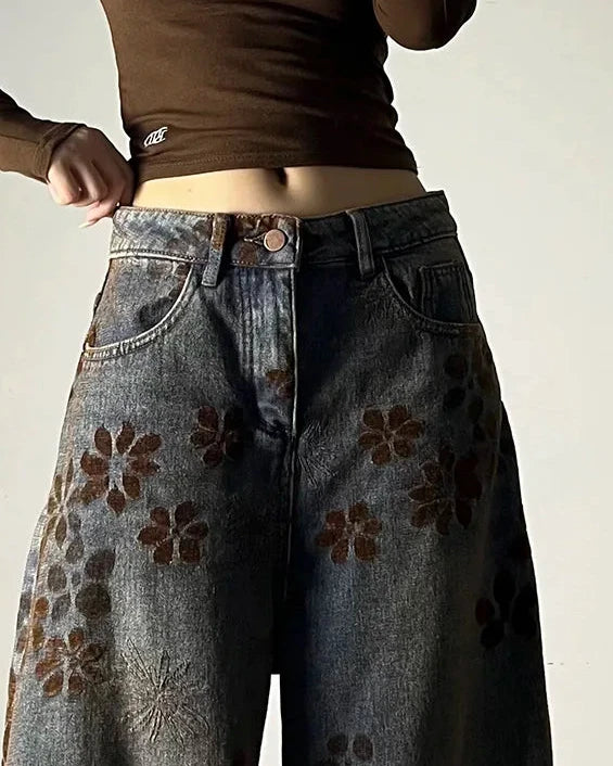 Washed Jacquard High Rise Wide Leg Jeans