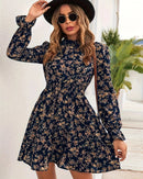Turtleneck Long Sleeve Floral Print A-Line Dress
