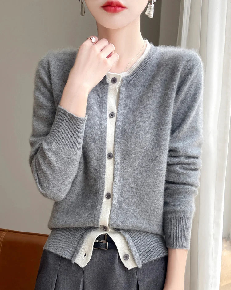 Merino Wool Solid O-Neck Button Knit Cardigan