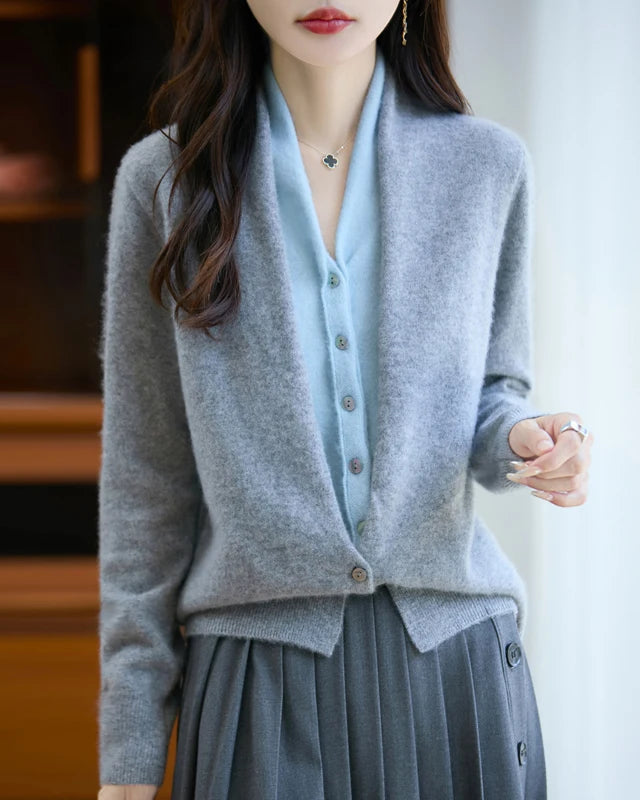 Merino Wool Solid V-Neck Fake Two-Piece Pullover Sweater
