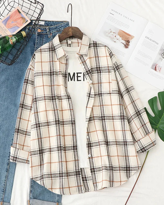 Plaid Lapel Single-Breasted Loose Shirt