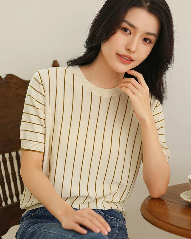 Pure Cotton Loose-Fit Vertical Striped T-Shirt