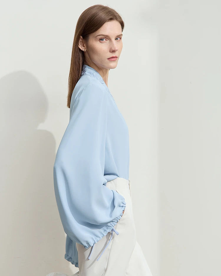 Chiffon Embroidered V-Neck Lantern Sleeve Blouse