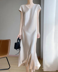 Satin V-Neck Midi Slip Dress