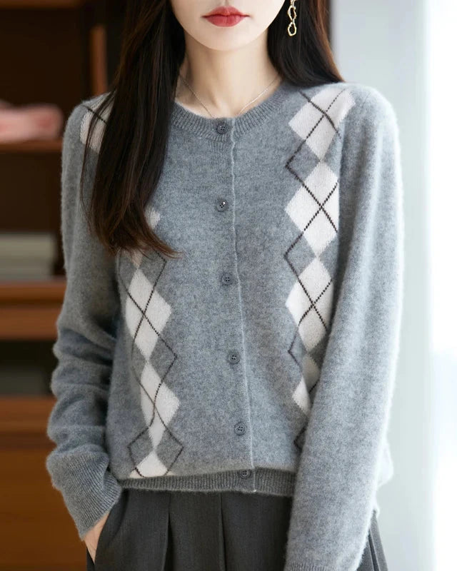 Diamond Jacquard Wool Cardigan