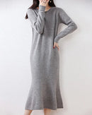Wool Round-Neck Rolled-Hem Mermaid Long Dress