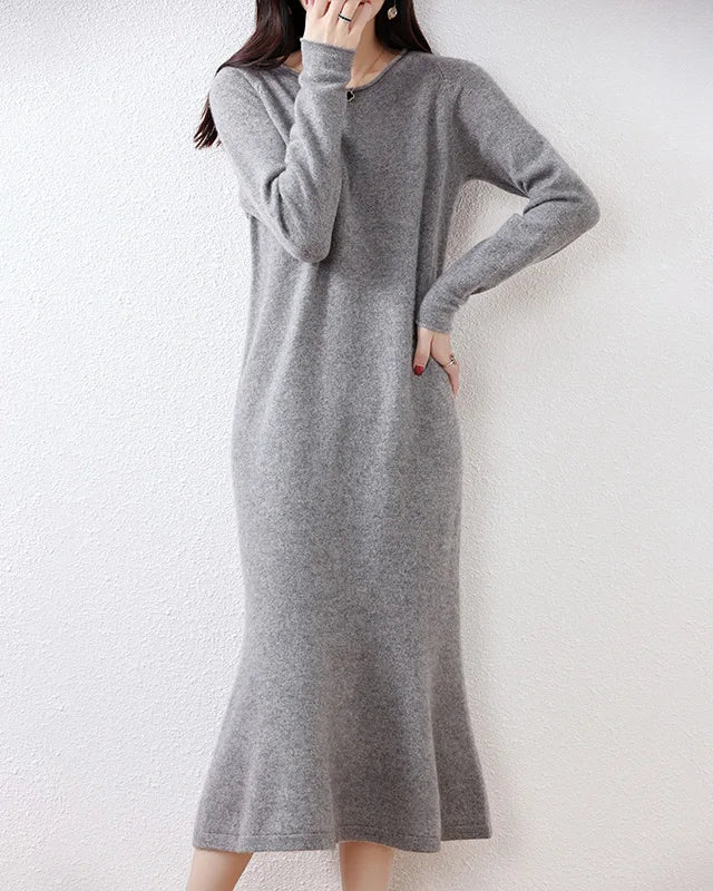 Wool Round-Neck Rolled-Hem Mermaid Long Dress