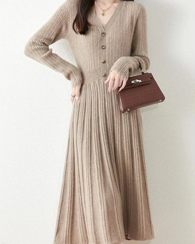 Merino Wool V-Neck Knit Midi Dress