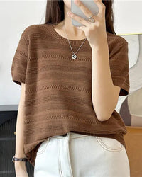 100% cotton solid round neck short sleeve knit T-shirt. Soft, breathable, and medium stretch — a casual spring summer pullover top for women.
