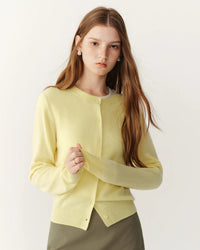 Rib-Trim Wool Crewneck Cardigan