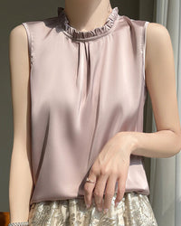 Loose And Casual Satin Vest T-Shirt With Ruffled Collar
