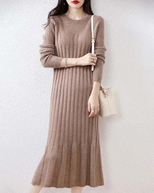 Round-Neck Long Sleeves Wool Dress