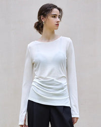 Crew Neck Long-Sleeved Irregular Slit T-Shirt